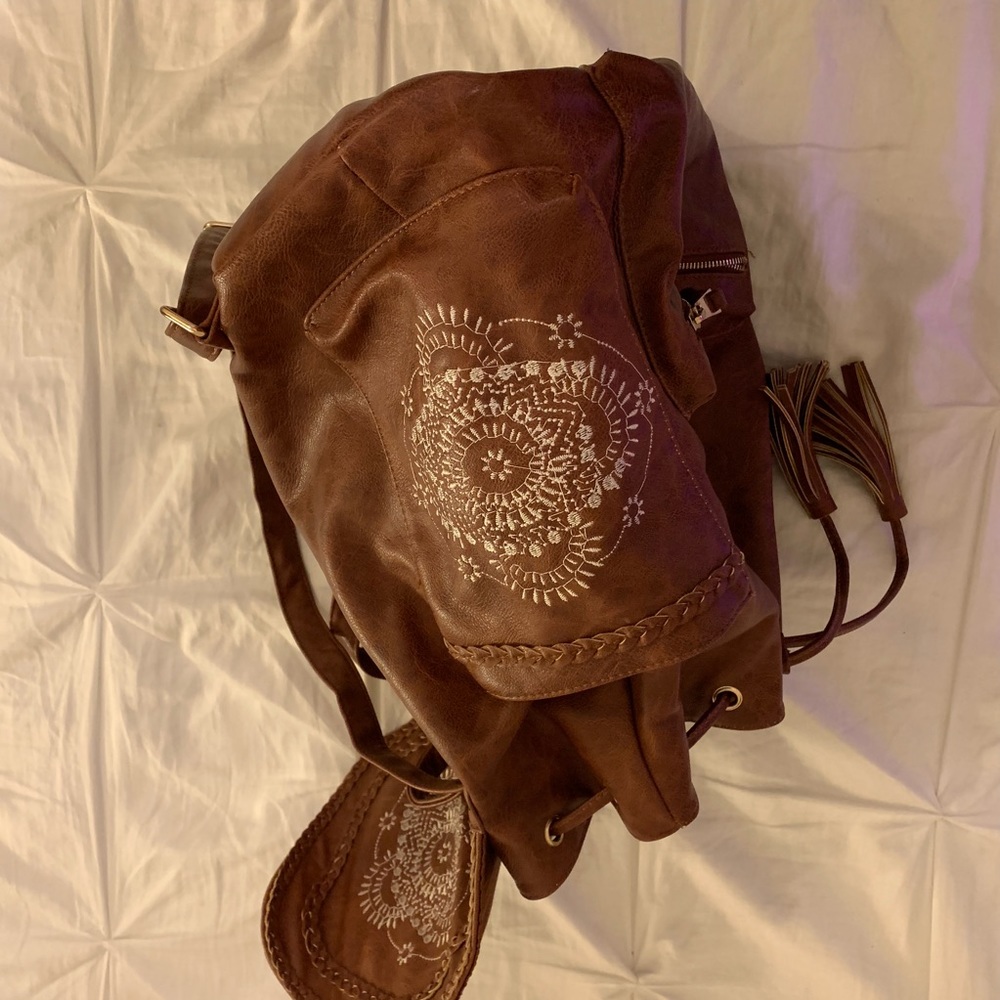 Faux Leather Embroidered String Backpack - image 4